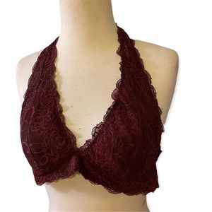 Free Press Lingerie Maroon Halter Lace Bralette